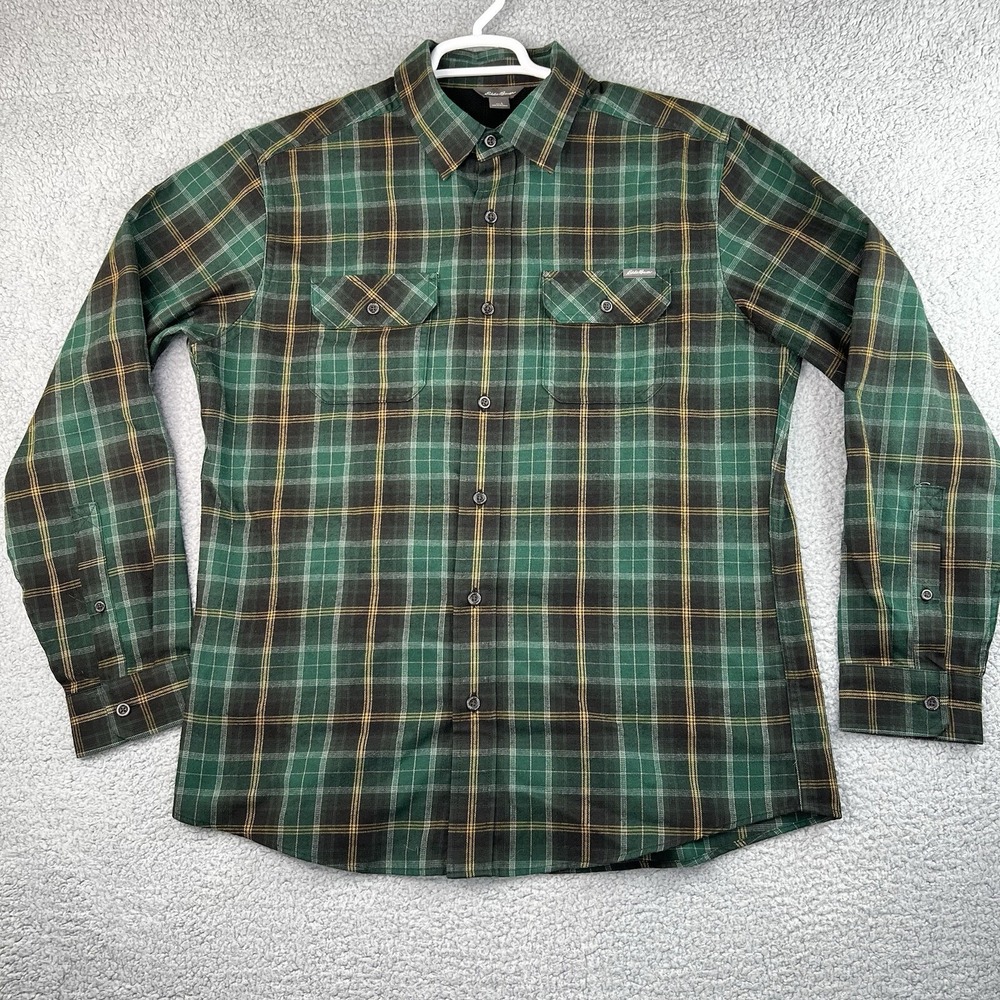 Eddie Bauer Shirt Mens Large Green Plaid Long Sleeve Performance Button Up